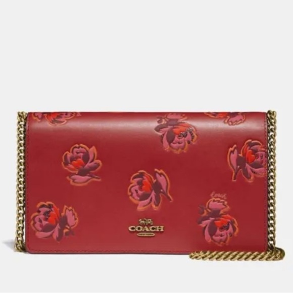 Coach Callie Foldover Chain Clutch With Floral Print Leather Red Apple - Picture 15 of 16
